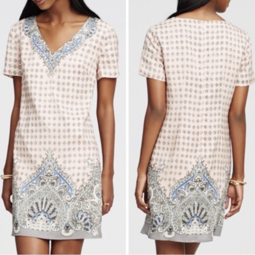 Ann Taylor Womens Paisley Short Sleeve V Neck Shift Dress